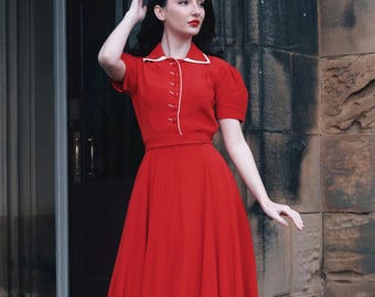 1940s style red dress Mae Tea Dress in Lipstick Red | Vintage 1940s Women's Style