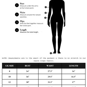 Op de afbeelding: Een diagram dat laat zien hoe je de buste, taille, heupen en lengte meet. Bevat een silhouet en een maattabel met Britse maten, borstmetingen in inches, taillemetingen in inches en lengtemetingen in inches.