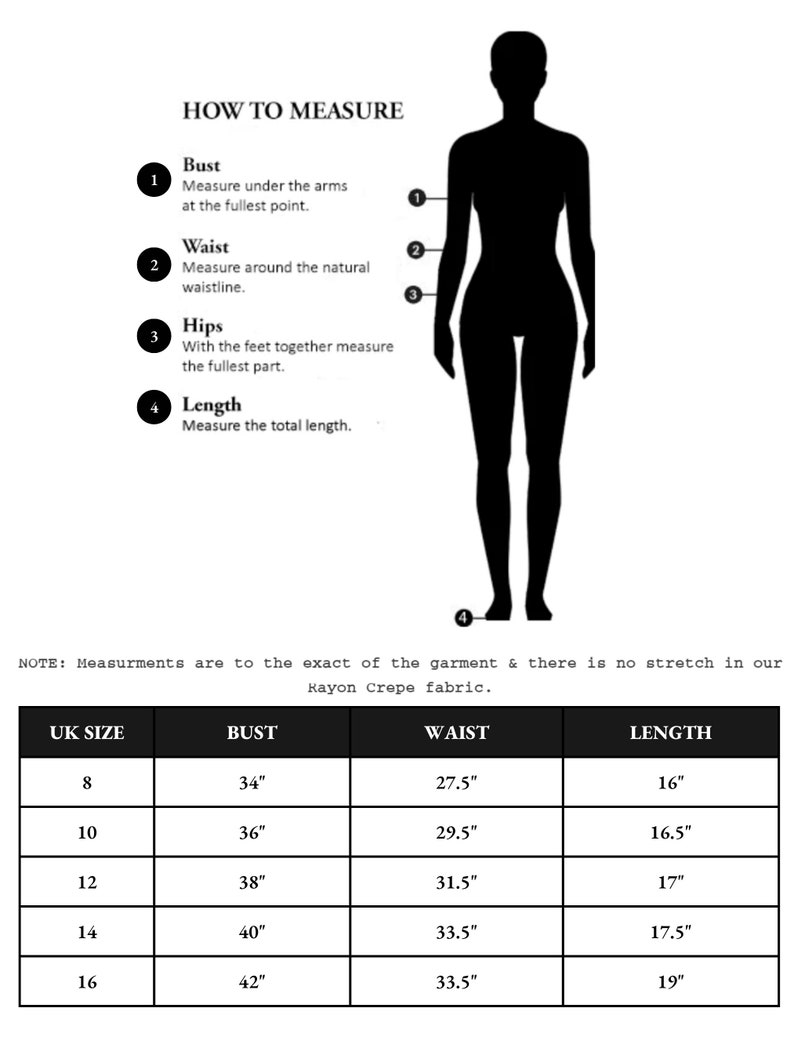 Op de afbeelding: Een diagram dat laat zien hoe je de buste, taille, heupen en lengte meet. Bevat een silhouet en een maattabel met Britse maten, borstmetingen in inches, taillemetingen in inches en lengtemetingen in inches.