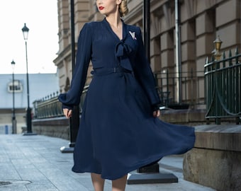 1940s blue dress Eva Dress in French Navy | Vintage 1940s Women's Style