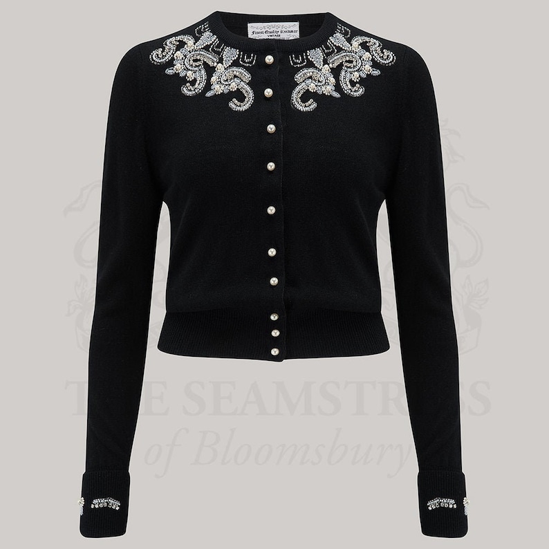 1940s Style Sweaters, Cardigans and Knitwear     Hand Beaded Cardigan in Black by The Seamstress of Bloomsbury | Authentic 1940s Style Designs  AT vintagedancer.com