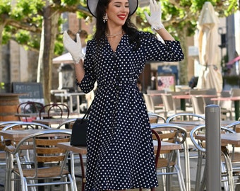 Milly Dress in Navy Polka | Vintage 1940s Women's Style | the