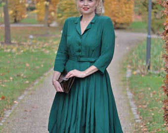 Lucille Shirtwaist-jurk in hamptongroen | Vintage damesstijl uit de jaren 40 | De naaister van Bloomsbury
