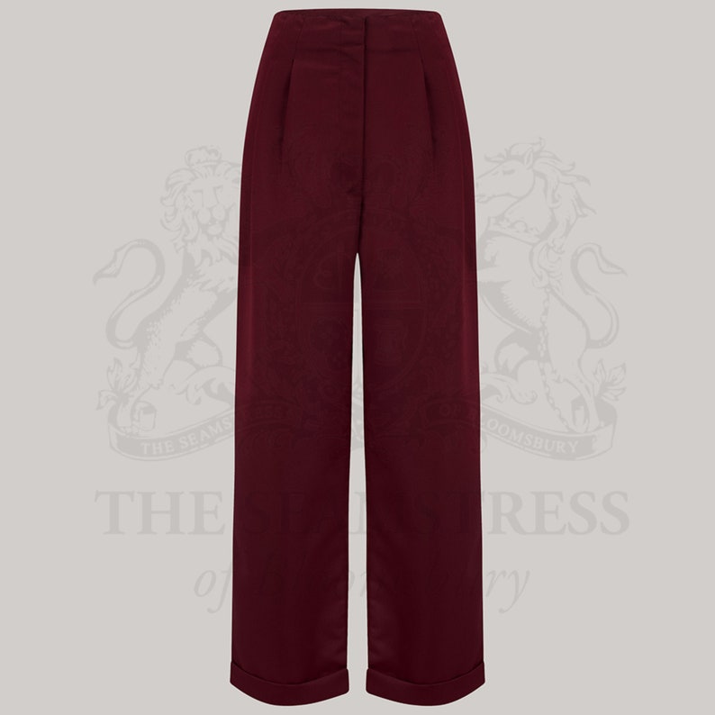Tailored Audrey Trousers High Waisted, Wide Leg Women's Trousers by The Seamstress of Bloomsbury 1940s Authentic Vintage Style Burgundy