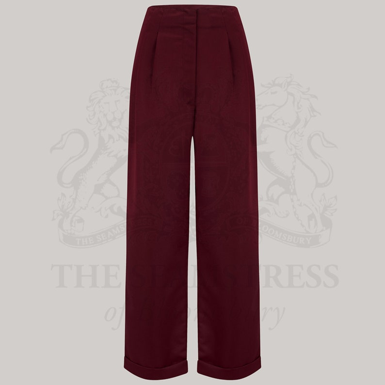 Maßgeschneiderte Audrey Hose Hoch taillierte Damenhose mit weitem Bein von The Seastress of Bloomsbury 1940er Jahre authentischer Vintage-Stil Burgundy