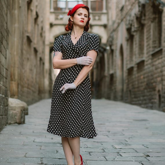 vintage dresses 1940s Navy Blue Swiss Dot Dress | Barn Owl Vintage The Hollow to Floor measurement of our standard dresses already includes 2 inches(ca.5 cm) extra to fit high heels Unique Vintage 1940s Style Black