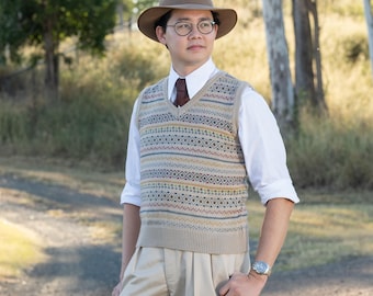 Bloomsbury Fair Isle-slipover heren | Vintage gebreide kleding uit de jaren 40 | De naaister van Bloomsbury