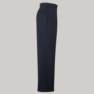 Men&#39;s 1950s Hollywood Style Peg Trousers in Navy Stripe (with braces) | Vintage Style Men&#39;s Trousers | The Seamstress of Bloomsbury