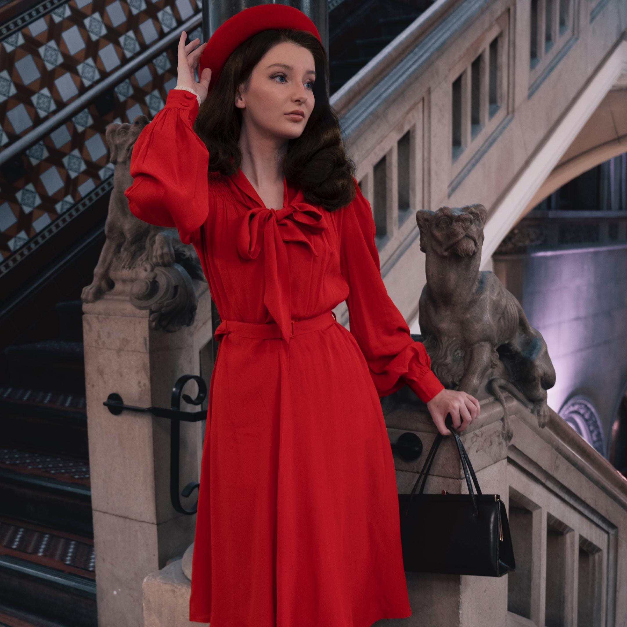 1950s red dress long sleeve Classic Dress 1950s Long Sleeve Dress 1950s Vintage A-Line Dress 3/4 Sleeve Round Neck Flared Skirt *-Length Solid Color For Work, Cocktail Party Daily Wear, Workwear Fashion,