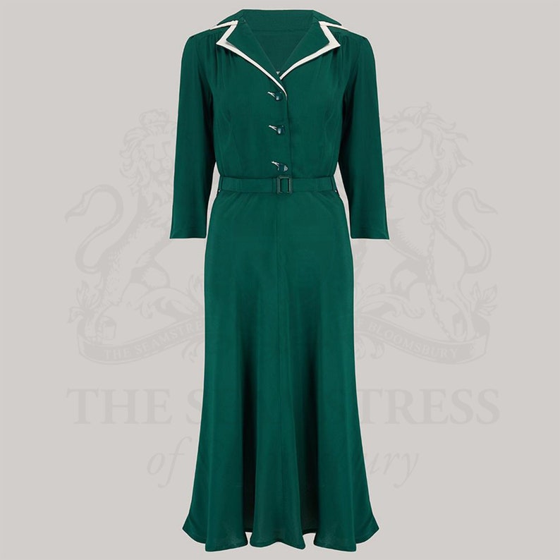 Ten 1950s Dress Styles | Vintage 50s Dresses     Lisa-Mae Shirtdress in Green by The Seamstress of Bloomsbury | Authentic 1940s Style Designs  AT vintagedancer.com
