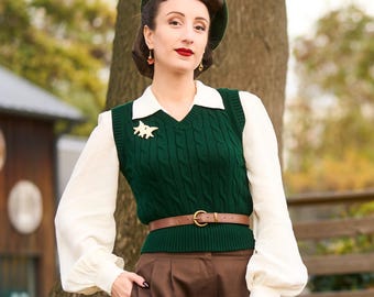 Cable Knit Slipover in Green | Vintage 1940s Style Women's Knitwear | The Seamstress of Bloomsbury