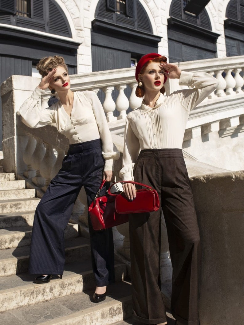 1940s Women’s Outfit Inspiration Tailored Trousers High Waisted Womens Trousers by The Seamstress of Bloomsbury 1940s Authentic Vintage Style $80.47 AT vintagedancer.com