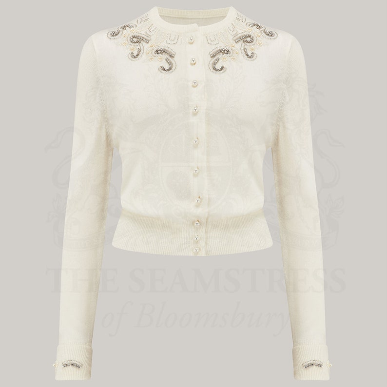 Vintage Sweaters, Retro Sweaters & Cardigan     Hand Beaded Cardigan in Cream by The Seamstress of Bloomsbury | Authentic 1940s Style Designs  AT vintagedancer.com
