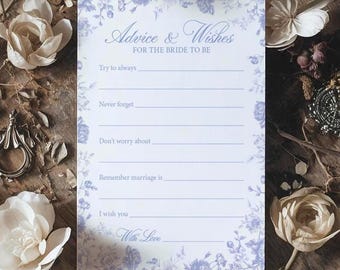 Floral Dusty Blue 'Advice and Wishes- Bridal Shower Game Card | Hen Party Icebreaker Activity - Something Blue Theme