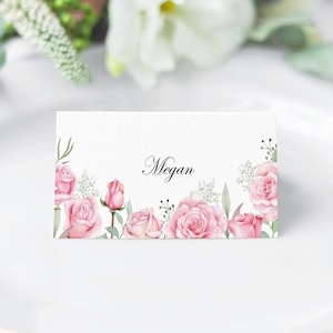 Carte de nom de lieu de mariage pliée de luxe à imprimé roses roses / carte de visite d'invité au mariage / carte de visite imprimée « ROSANNA »