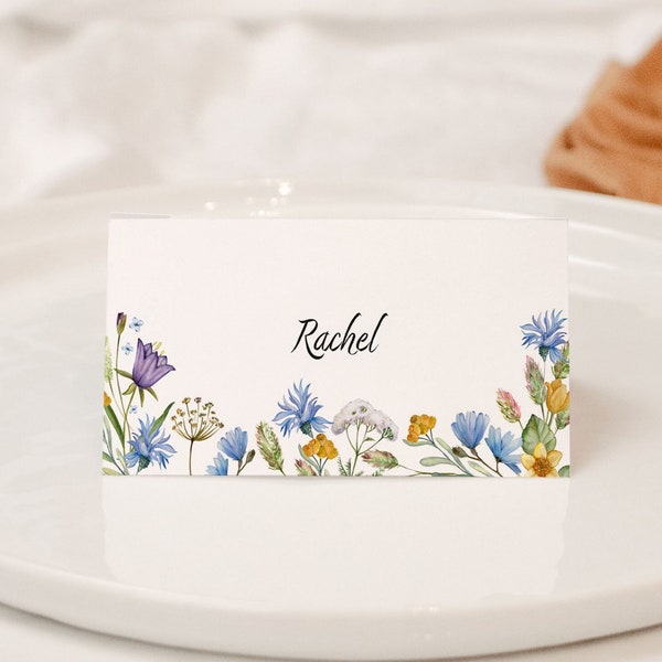 10 cartes de noms de lieu vierges à imprimé fleurs sauvages bleues, lilas et jaunes / carte de cadre de mariage de luxe / carte de tente de buffet « PRAIRIE »