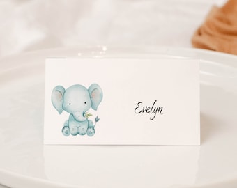 10 x Cartes de nom de lieu vierges à imprimé bébé éléphant gris/Carte de nom de baby shower Safari/Étiquette de nourriture pour buffet pliable/Carte de lieu de fête « NELLY »