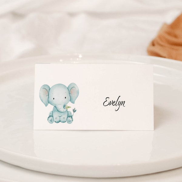 10 x Grey Baby Elephant Print Blank Place Name Cards / Safari Baby Shower Name Card / Tent Fold Buffet Food Label / Party Place Card ‘NELLY’