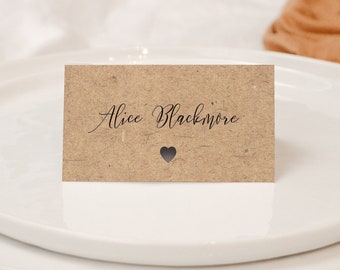 Rustic/Boho Brown Heart Folded Wedding Place Name Card / Personalised Place Setting Card / Wedding Escort Card - Printed or Blank 'FLORENCE'