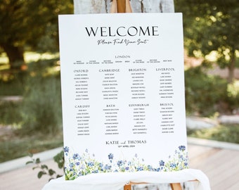 Blue Floral Wedding Table Plan | Blue Seating Chart Sign