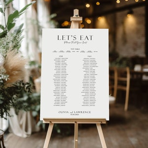 May include: A white wedding seating chart with the title "Let's Eat" and the text "Please Find Your Seat". The chart lists guest names under the headings "Top Table", "One", and "Two". The bottom of the chart reads "Olivia and Lawrence 15.01.2023".