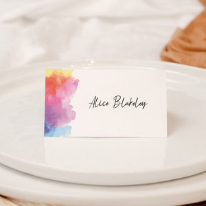 10 cartes de noms de lieu vierges aquarelle arc-en-ciel / carte de nom de lieu de mariage de luxe / carte de lieu de fête / étiquette de nourriture de fête « arc-en-ciel »