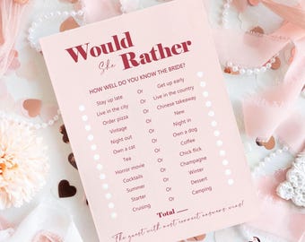 Blush Pink & Red ‘Would She Rather’ Hen Party Game Cards | 'This or That' Bridal Shower Icebreaker Activity