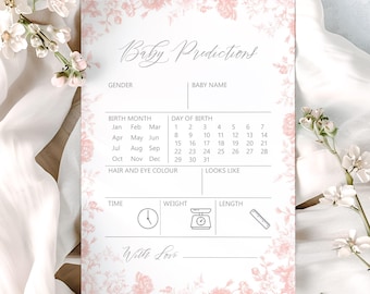 Pink Floral Baby Shower Predictions Cards | Baby Guessing Game | Baby in Bloom Theme Baby Shower