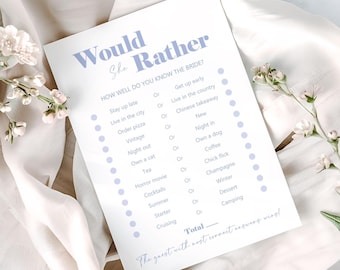 Blue 'Would She Rather' Hen Party Game Cards | 'This or That' Bridal Shower Icebreaker Activity