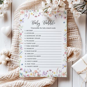 de mots croisés roses, jaunes, lilas et pêche | Bébé babille | Jeu de baby shower - Lot de 10/15 cartes « BABY IN BLOOM »