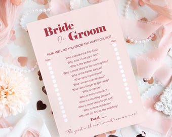 Blush Pink & Red 'Bride or Groom' Hen Party Game Cards | 'He Said She Said' Bridal Shower Activity
