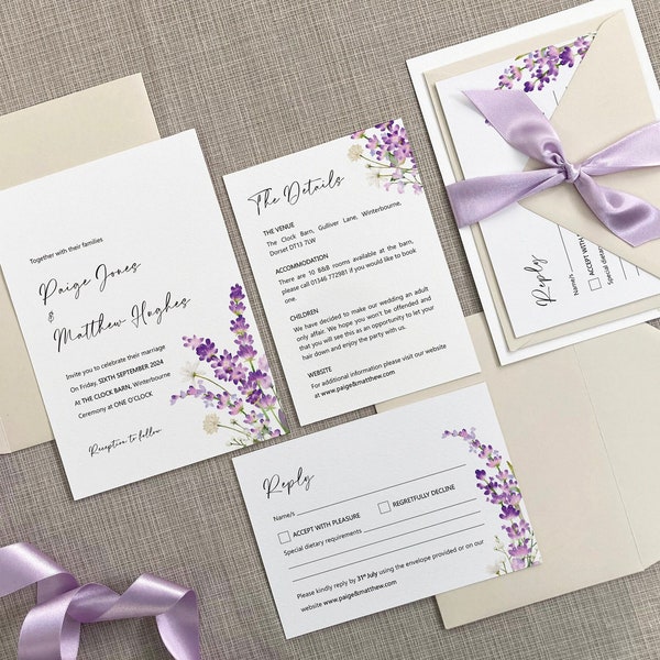 Lilac and Purple Lavender Flower Print Wedding Invitation Suite / Bundle / Set with Satin Ribbon Bow 'PROVENCE'