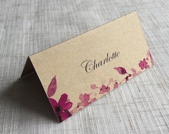 Purple Floral Kraft Wedding Place Name Card / Guest Name Card