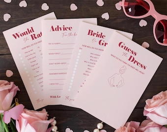 Blush Pink & Red Bridal Shower Game Cards - Advice for the Bride, Would She Rather, Bride or Groom, Guess the Dress Hen Do Activity