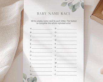 Green Baby A-Z Name Race Cards | Eucalyptus Leaf Baby Shower Game