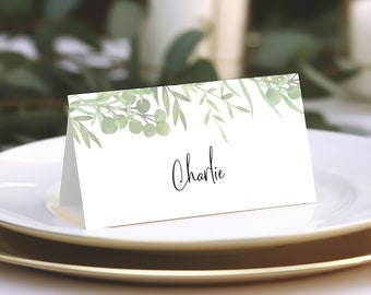 10 x Green Olive Leaf Print Blank Place Name Cards / Luxury Wedding Place Setting / Birthday Party Name Card / Buffet Food Tent Card 'EDEN'