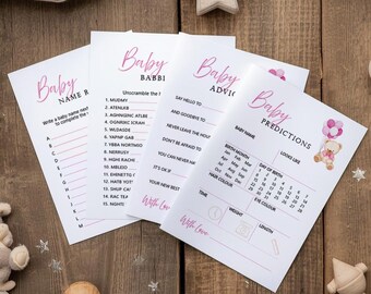 Pink Teddy Bear Baby Shower Game Cards - Baby Predictions, Baby Advice, Baby Word Scramble, Baby Name Race Activity