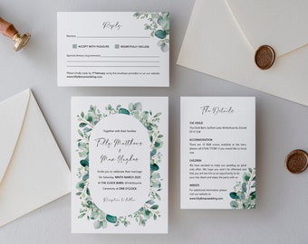 Blue Green Eucalyptus Leaf Print Wedding Invitation Set / Suite / Bundle with Belly Band / Evening Wedding Invitation 'ELSA'