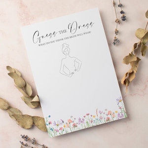 Devinez la robe fleurs sauvages roses et lilas/dessinez la robe/esquissez la carte de jeu de fête de poule de robe/jeu de douche nuptiale - lot de 10/15 cartes