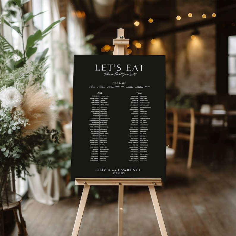 Modern Black Long Table Wedding Seating Plan / Banquet Seating Chart