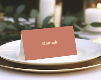 Terracotta and Peach Retro /Boho Print Folded Wedding Place Name Card / Personalised Place Setting Card / Event Name Card 'PEACHY'