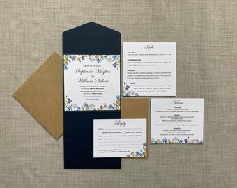 MEADOW | Wild Flower Print Navy Blue Pocket Fold Wedding Invitation / 5"x7" Evening Invitation