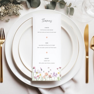 Carte de menu pour décoration de mariage rose, lilas, pêche et jaune à imprimé fleurs sauvages / Carte de menu de table / Carte de table pour menu de mariage « FLEUR »