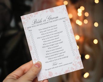 Pink Floral 'Bride or Groom' Bridal Shower Game Cards | Hen Party Icebreaker Activity