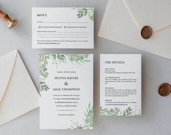 Green Olive Leaf Print Wedding Invitation Set / Suite / Bundle with Belly Band / Evening Wedding Invitation 'EDEN'