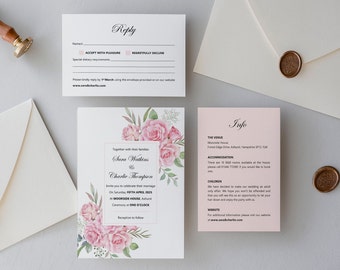 Pink Floral Rose Print Wedding Invitation Suite / Bundle / Set  'ROSANNA' *Sample*