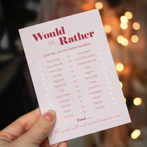 Blush Pink & Red Would She Rather Game Cards | Who Knows the Bride Best Game Cards | Hen Party Bridal Shower Game Cards - Set of 10/15 Cards