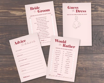 Blush Pink & Red Bridal Shower Game Cards | Advice for the Bride, Would She Rather, Bride or Groom, Guess the Dress Hen Do Games