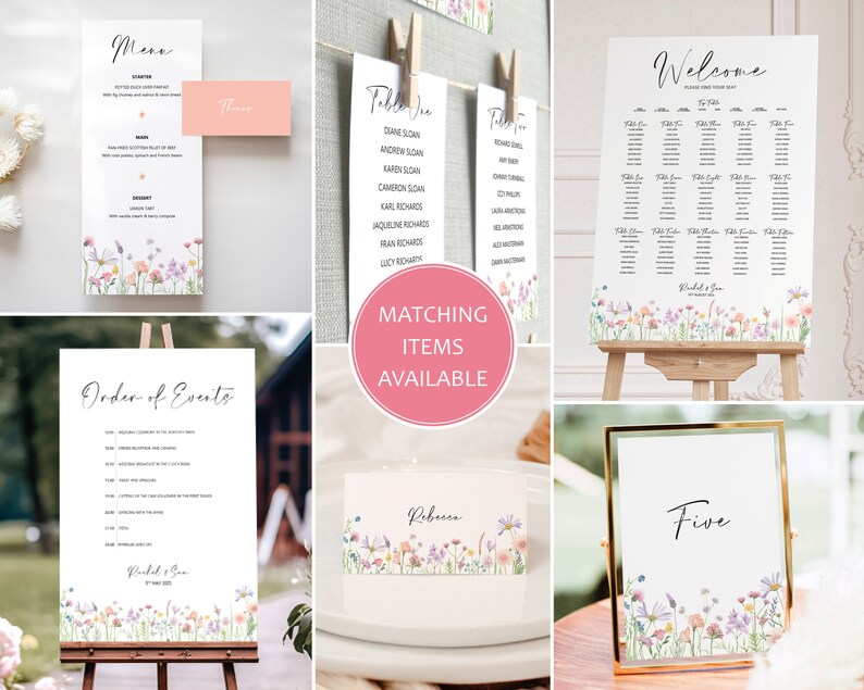 Lilac, Pink, Peach and Yellow Wildflower Print Wedding Seating Plan Cards / Table Plan Cards / Seating Chart Cards and Table Number FLEUR image 6