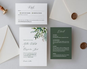 Dark / Forest Green Leaf Print Wedding Invitation Set / Suite / Bundle with Belly Band / Evening Wedding Invitation 'SOPHIA'